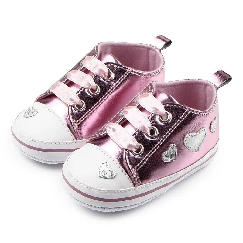 Shiny Leather Heart Soft Sole Baby Walking Shoes