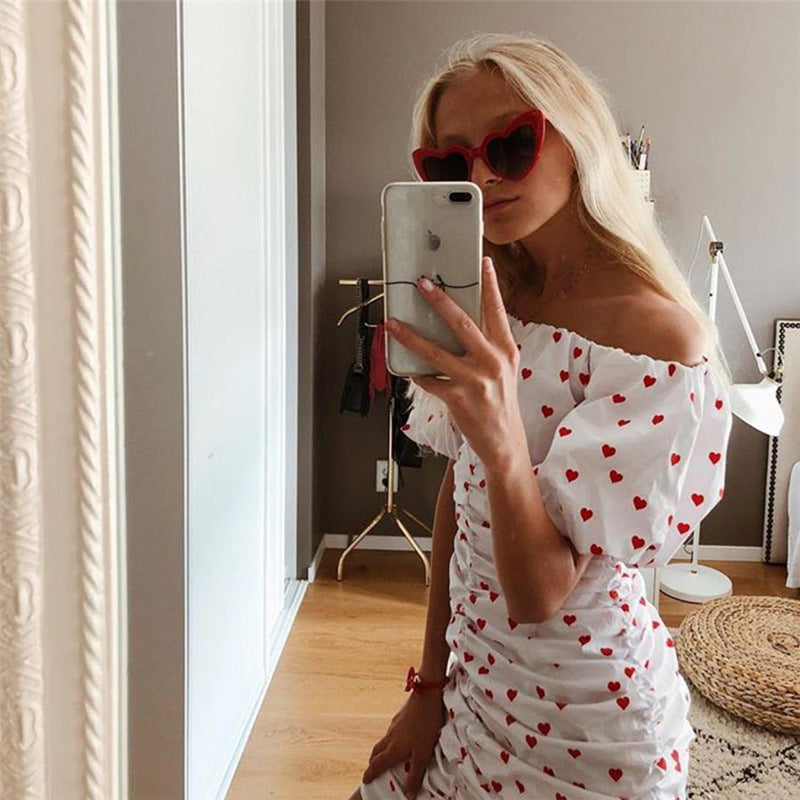 Summer Women's Heart Print Off-Shoulder Dress