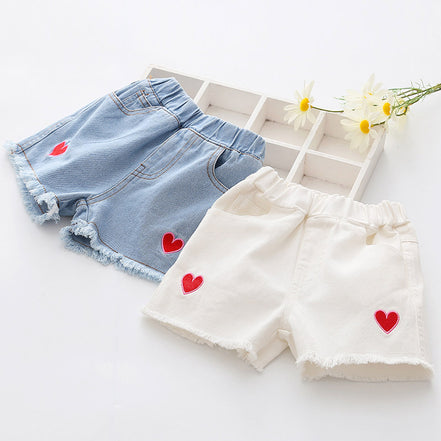 Girls' Summer Embroidered Heart Denim Shorts