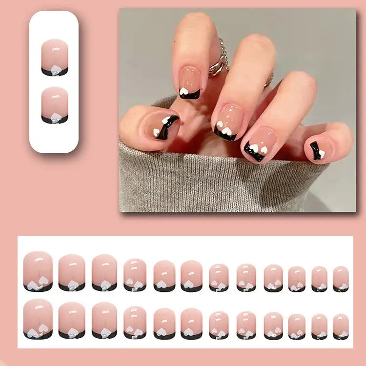 24 Pcs French Short Square Black & White Heart Fake Nails