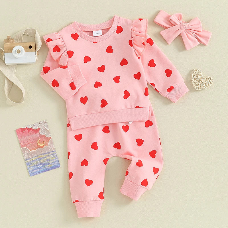 Heart Print Long Sleeve Hoodie 3-Piece Set