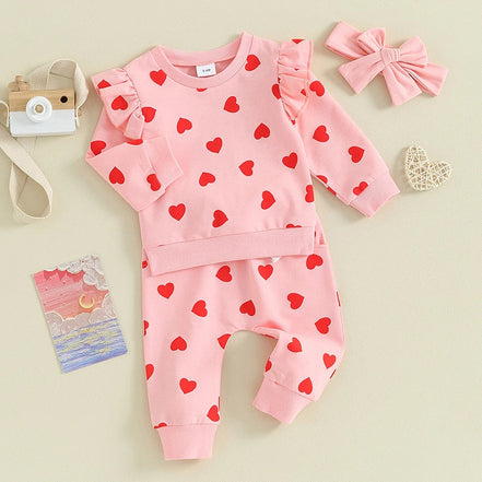 Heart Print Long Sleeve Hoodie 3-Piece Set
