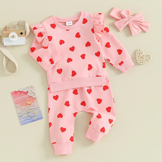 Heart Print Long Sleeve Hoodie 3-Piece Set