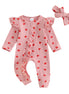 MoZiKQin Newborn Baby Girl Ruffle Romper Love Heart Print Knit Sweater Onesie Long Sleeve Jumpsuit Valentines Day Outfit (Waffle Love Heart-PinkNewborn)