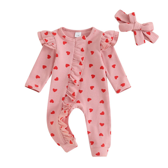 MoZiKQin Newborn Baby Girl Ruffle Romper Love Heart Print Knit Sweater Onesie Long Sleeve Jumpsuit Valentines Day Outfit (Waffle Love Heart-PinkNewborn)