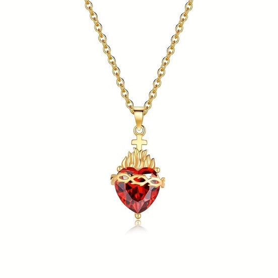 A red heart-shaped cross heart necklace with a chain
