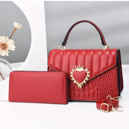 Quilted Handbag Set with Heart Decor & Long Wallet