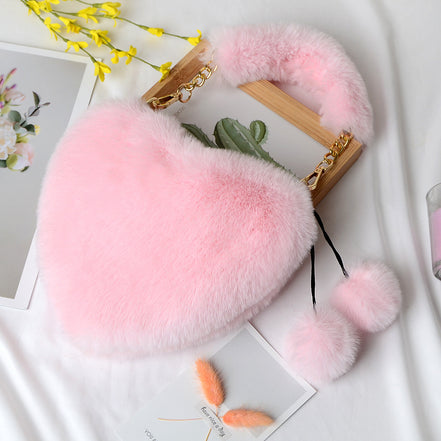 Heart-shaped Plush Peach Handbag for Women