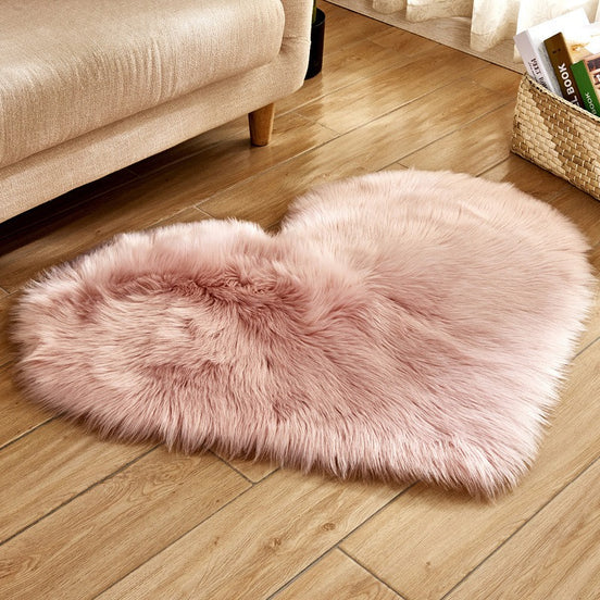 Heart Shaped Fluffy Rug - Faux Wool Shag Carpet