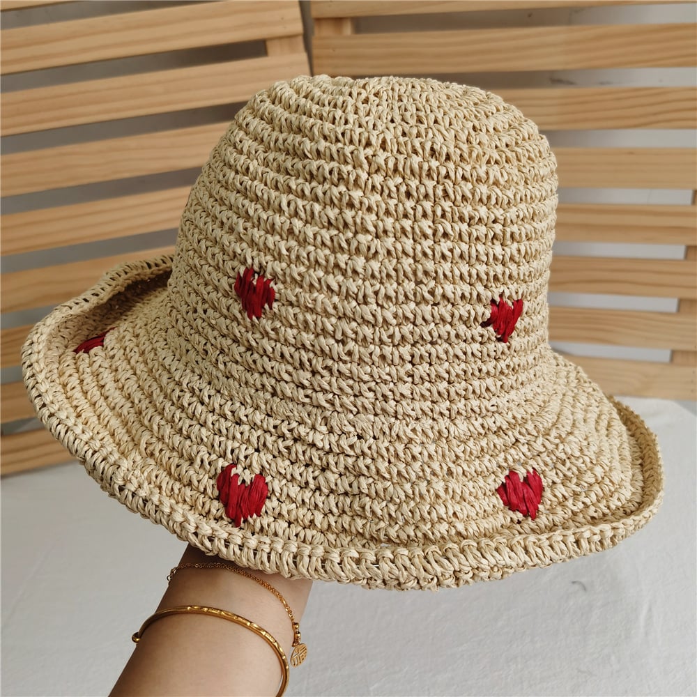 Women's Red Heart Braided Straw Sunshade Hat