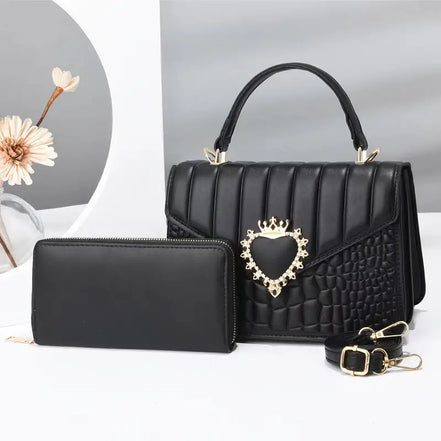 Quilted Handbag Set with Heart Decor & Long Wallet
