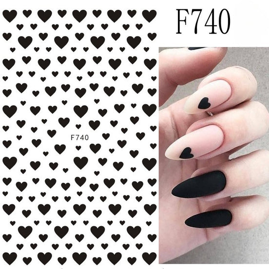 2pcs Black White 3D Love Heart Nail Art Stickers Set