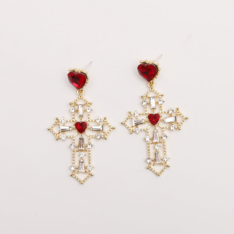Gold Cross Earrings with Creative Heart Design