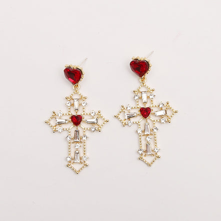 Gold Cross Earrings with Creative Heart Design