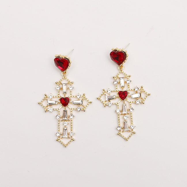 Gold Cross Earrings with Creative Heart Design