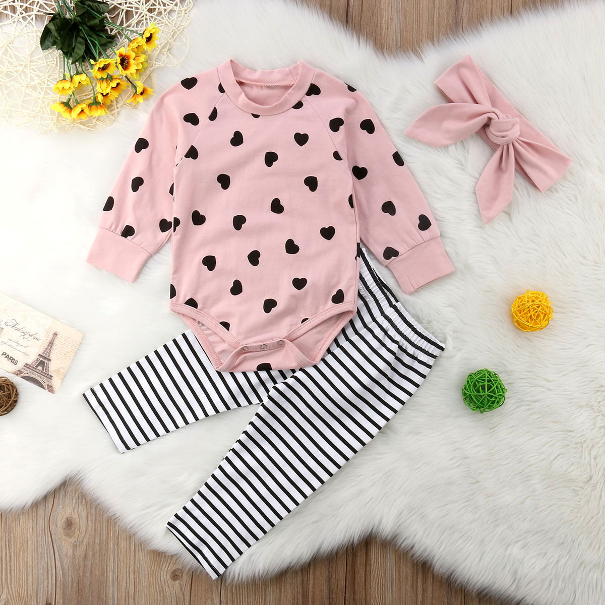 Infant Long Sleeve Heart Print Romper and Pants Set