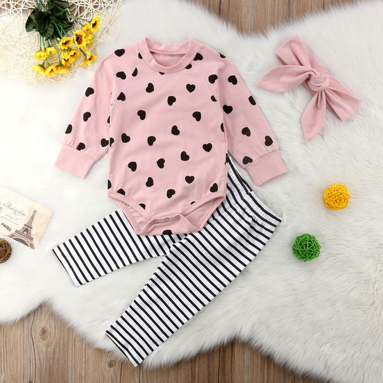 Infant Long Sleeve Heart Print Romper and Pants Set