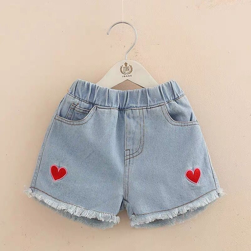 Girls' Summer Embroidered Heart Denim Shorts