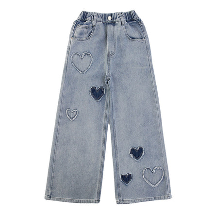 Girls' Wide Leg Jeans with Heart Patch - Comfortable Denim