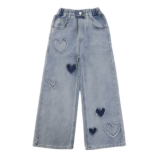 Girls' Wide Leg Jeans with Heart Patch - Comfortable Denim