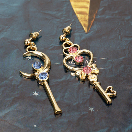 Sailor Moon Heart Key Long Asymmetric Earrings