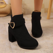 Women's Heart Metal Buckle Suede Mid-Heel Short Boots with Side Zipper