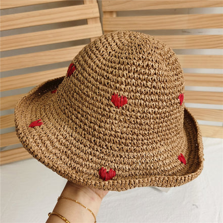 Women's Red Heart Braided Straw Sunshade Hat