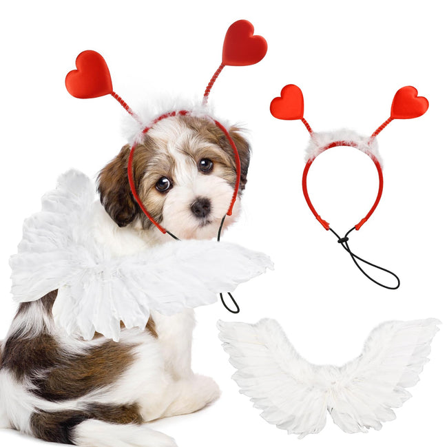 ShuRung Adorable Heart-Throb Pup Valentines Day Costume Set with Feather Wing & Heart Headband Heart-Themed Dog Apparel Outfits Perfect for Medium to Big Dog Breeds