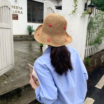 Women's Red Heart Braided Straw Sunshade Hat