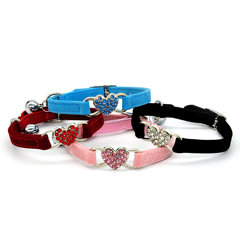 Cat Collar with Heart Flocking Diamond and Bell