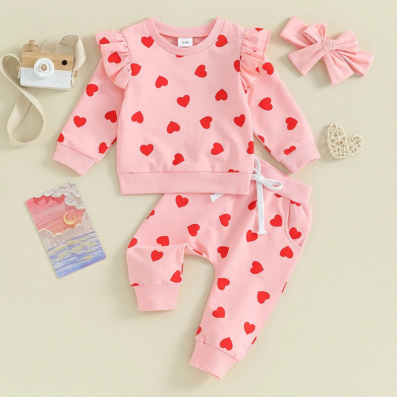 Heart Print Long Sleeve Hoodie 3-Piece Set