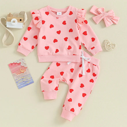 Heart Print Long Sleeve Hoodie 3-Piece Set