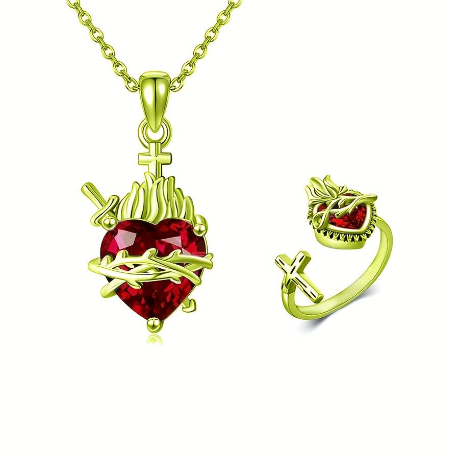 A red heart-shaped cross heart necklace with a chain