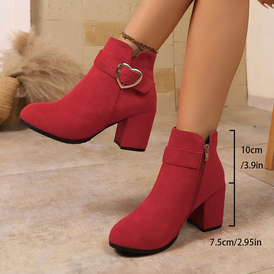 Women's Heart Metal Buckle Suede Mid-Heel Short Boots with Side Zipper