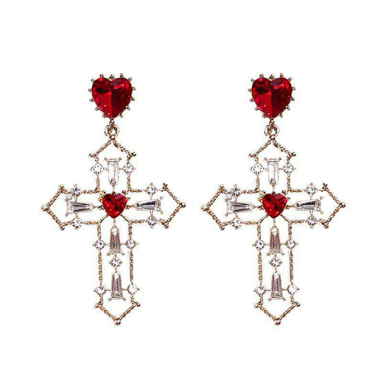Gold Cross Earrings with Creative Heart Design