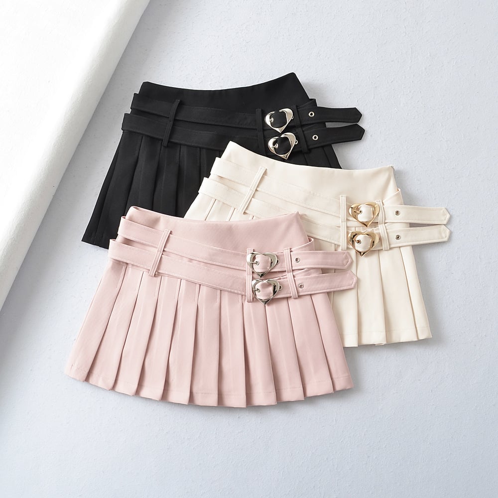 College Style Double Waist Heart Buckle Skirt