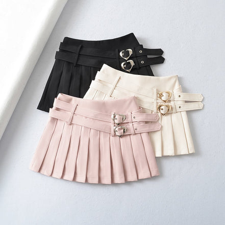College Style Double Waist Heart Buckle Skirt