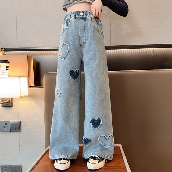 Girls' Wide Leg Jeans with Heart Patch - Comfortable Denim