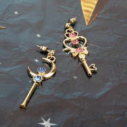 Sailor Moon Heart Key Long Asymmetric Earrings