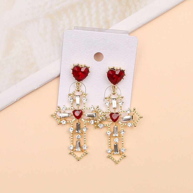 Gold Cross Earrings with Creative Heart Design