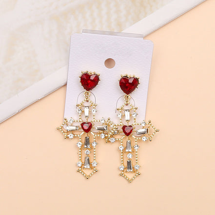 Gold Cross Earrings with Creative Heart Design