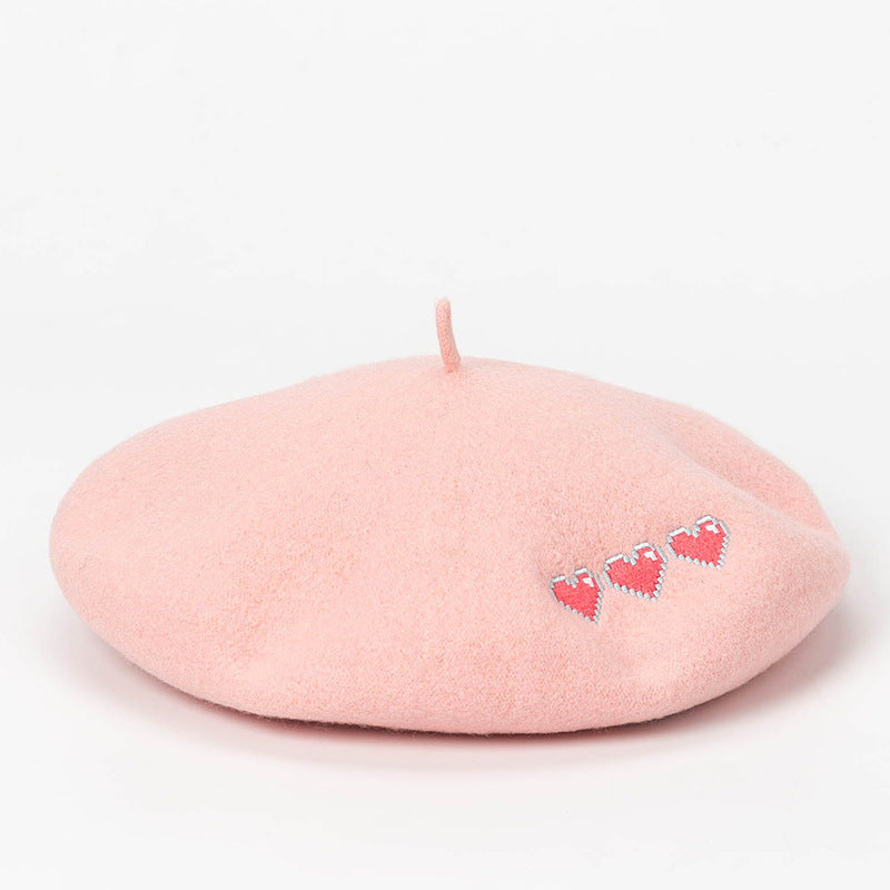 Embroidered Heart Beret Hat