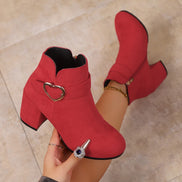 Women's Heart Metal Buckle Suede Mid-Heel Short Boots with Side Zipper