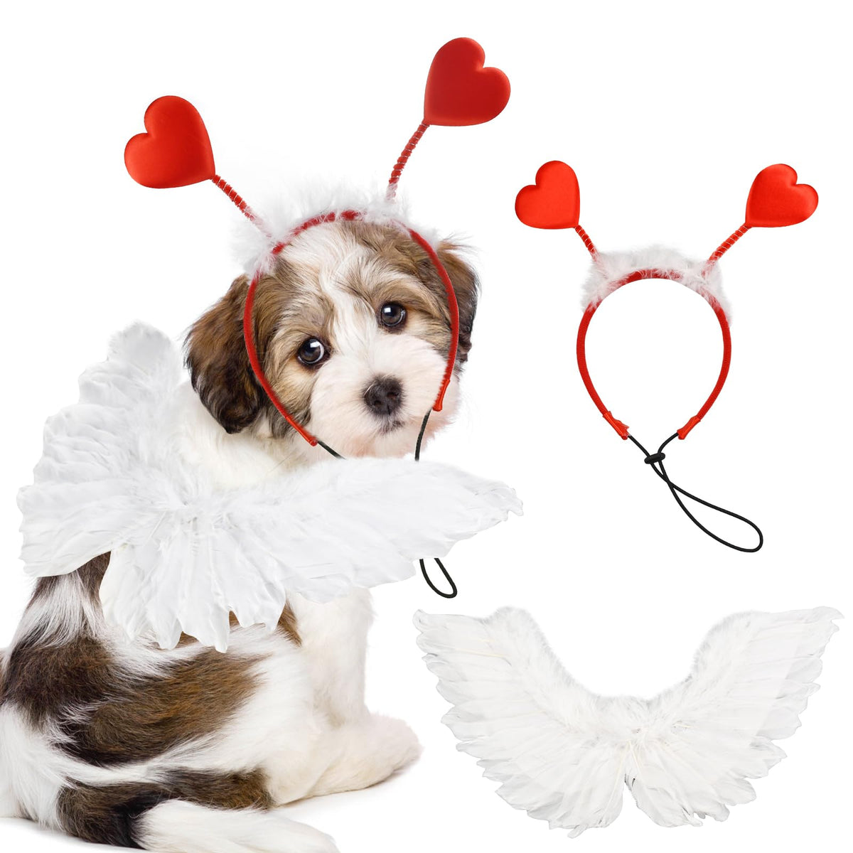 ShuRung Adorable Heart-Throb Pup Valentines Day Costume Set with Feather Wing & Heart Headband Heart-Themed Dog Apparel Outfits Perfect for Medium to Big Dog Breeds