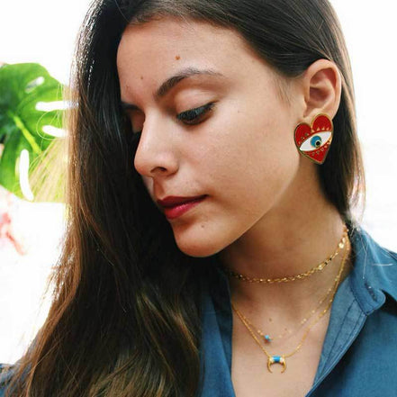 Exaggerated Heart Earrings with Retro Eye Design