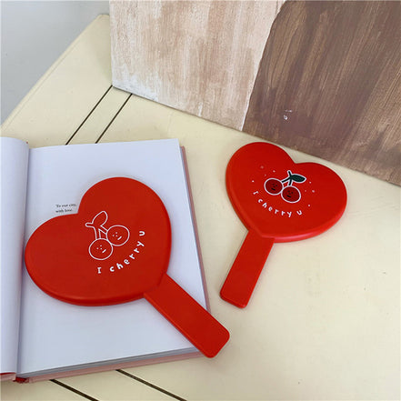 Cherry Heart Handle Portable Makeup Mirror - Mini Size