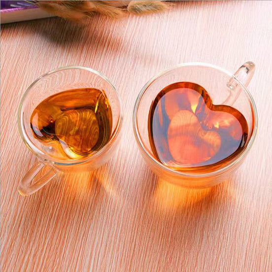Heart Shaped Double Wall Glass Mug Set for Lovers