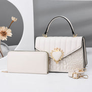 Quilted Handbag Set with Heart Decor & Long Wallet