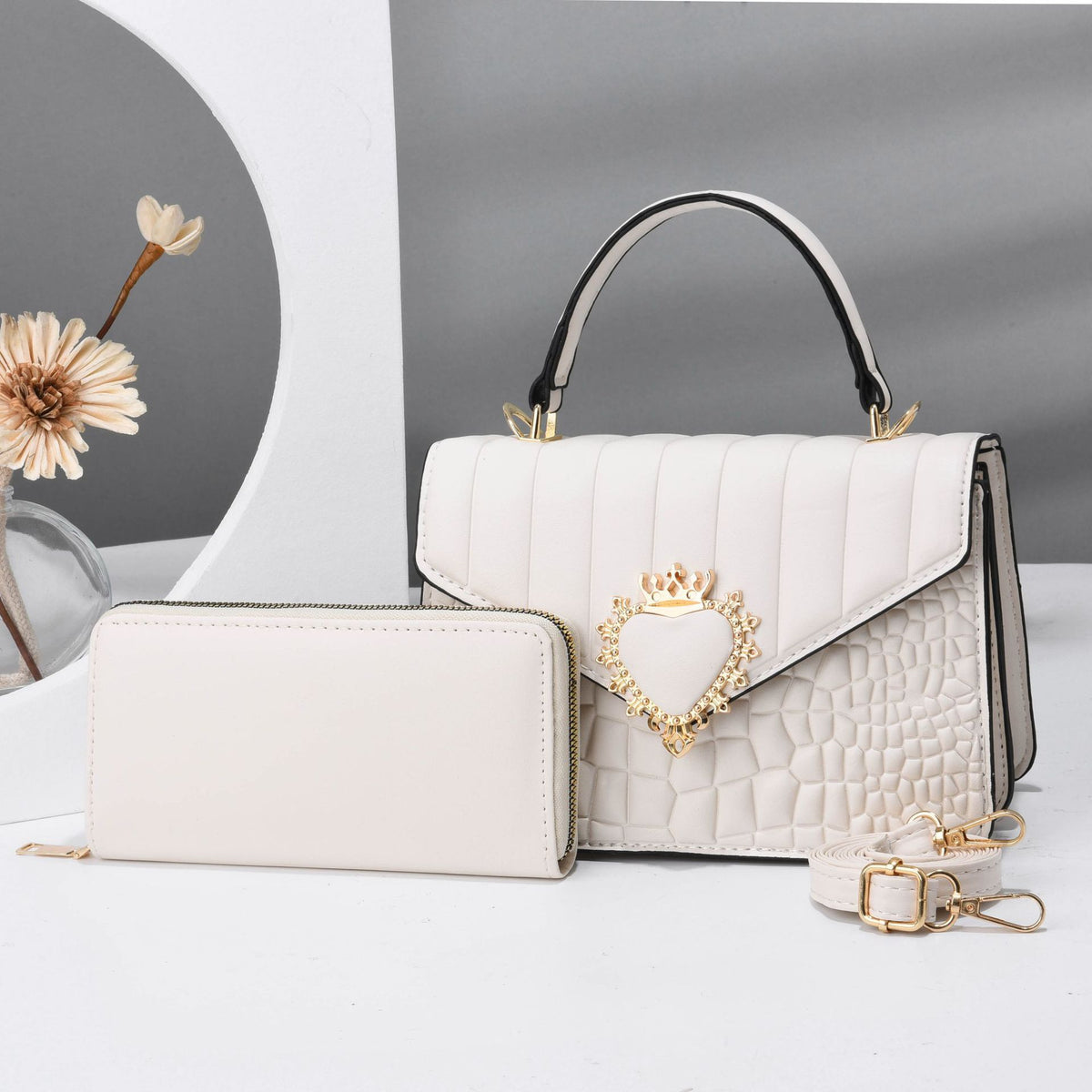 Quilted Handbag Set with Heart Decor & Long Wallet