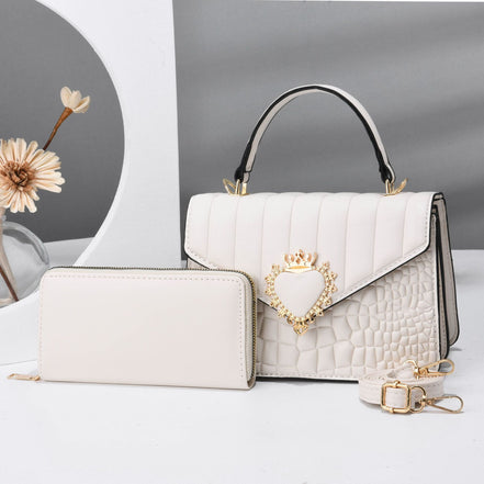 Quilted Handbag Set with Heart Decor & Long Wallet